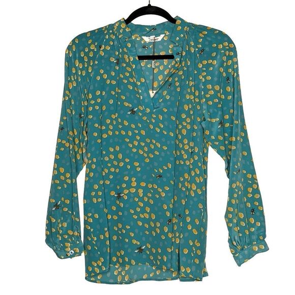 Tucker Long Sleeve Polo Blouse Mineral Dot in Crepe de Chine Silk Top Bees - Picture 1 of 9